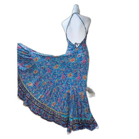 Boho Maxi Dress Blue Floral Flowy Halter Deep V Open Back Hi-Low Ruffle Gypsy - Picture 6 of 8